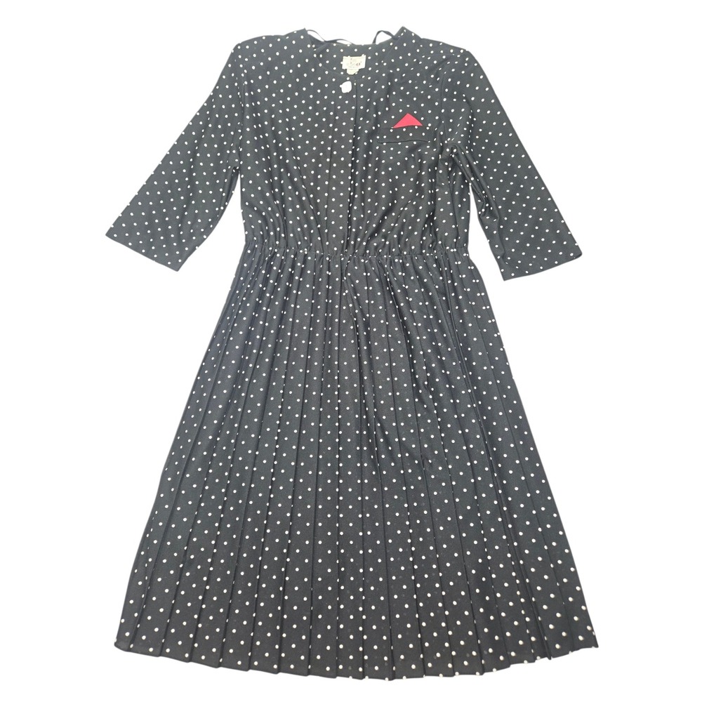 VTG In Cinq 80s Pleated Midi Dress Polka Dot Black White Sz 20